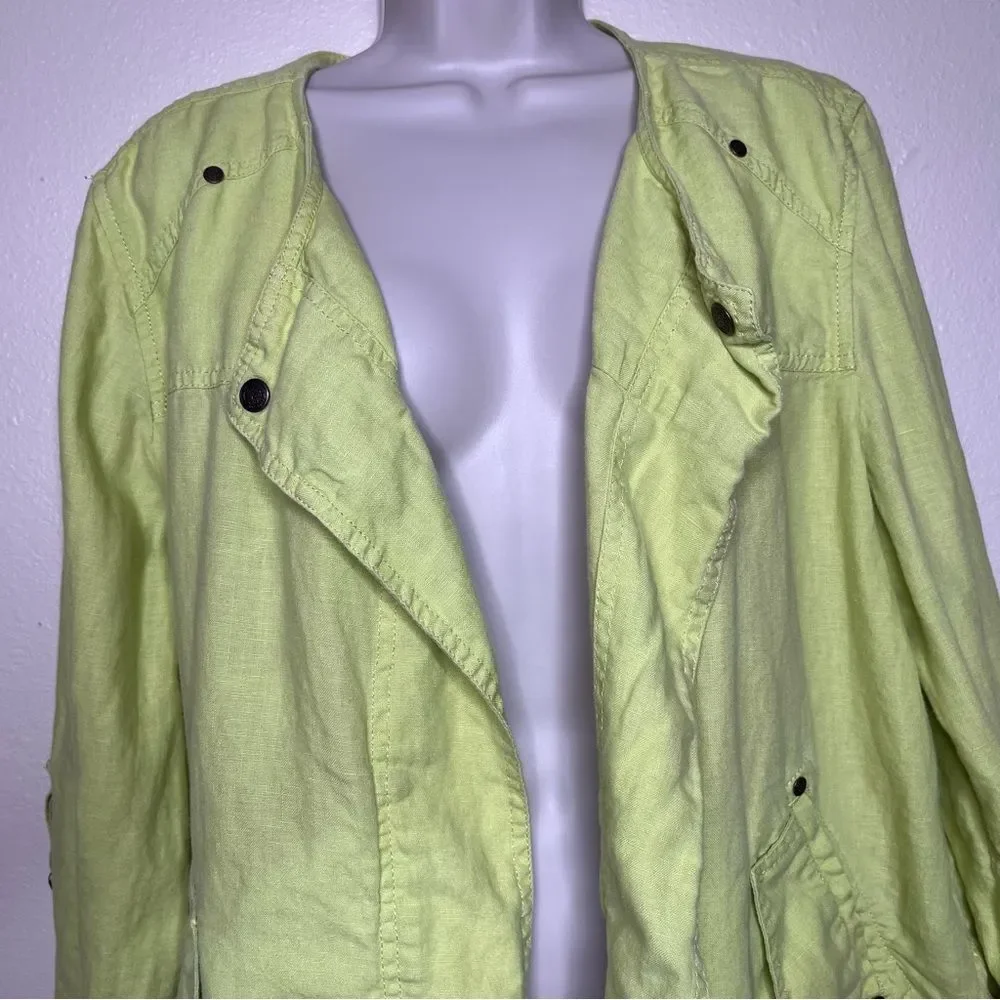 Chicos Drape Front Easy Linen Jacket Chartreuse Roll Tab Sleeve Women Size Large